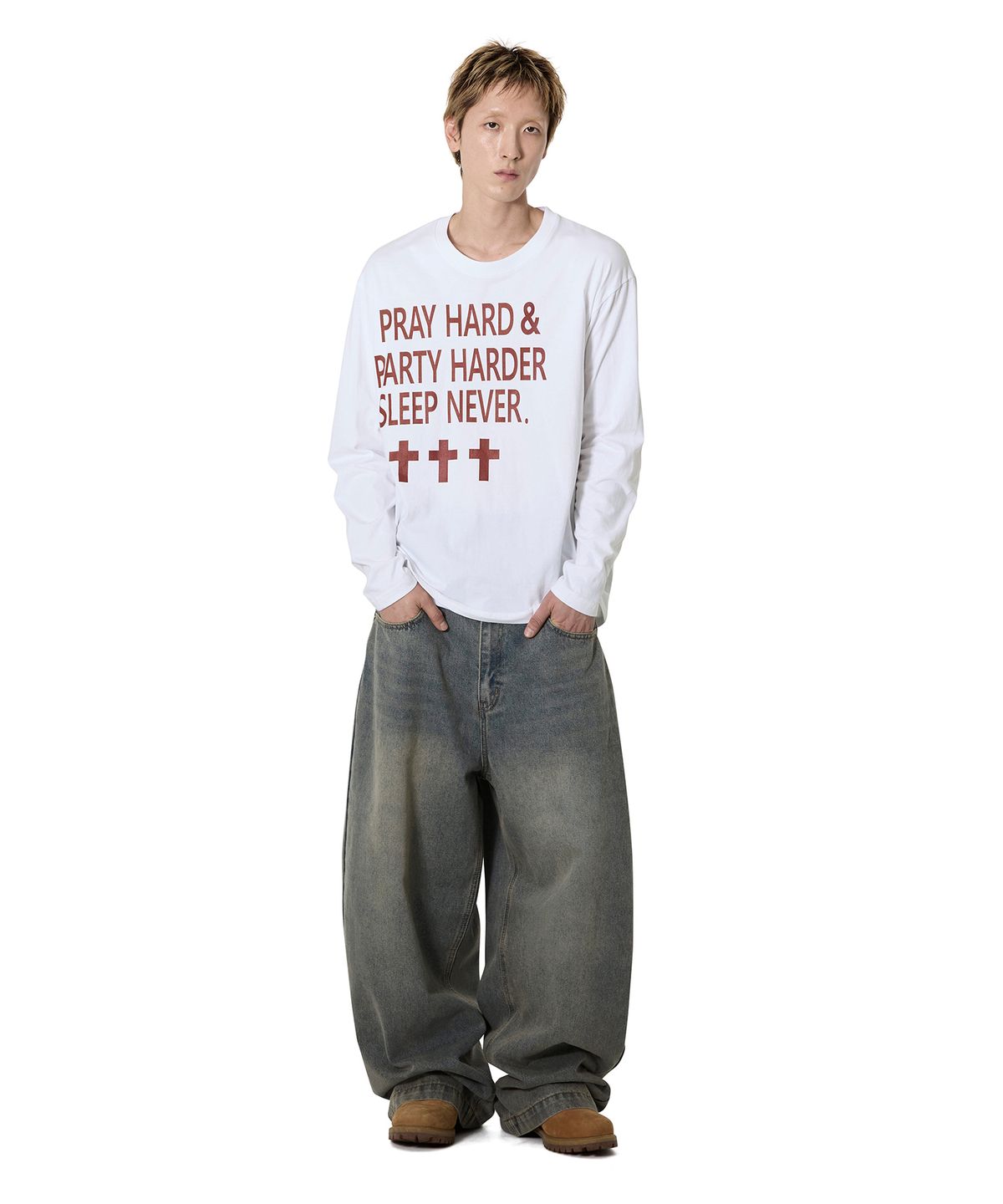오픈야드(오와이)(OPENYARD(OY)) PRAY HARD L/S TEE - WHITE