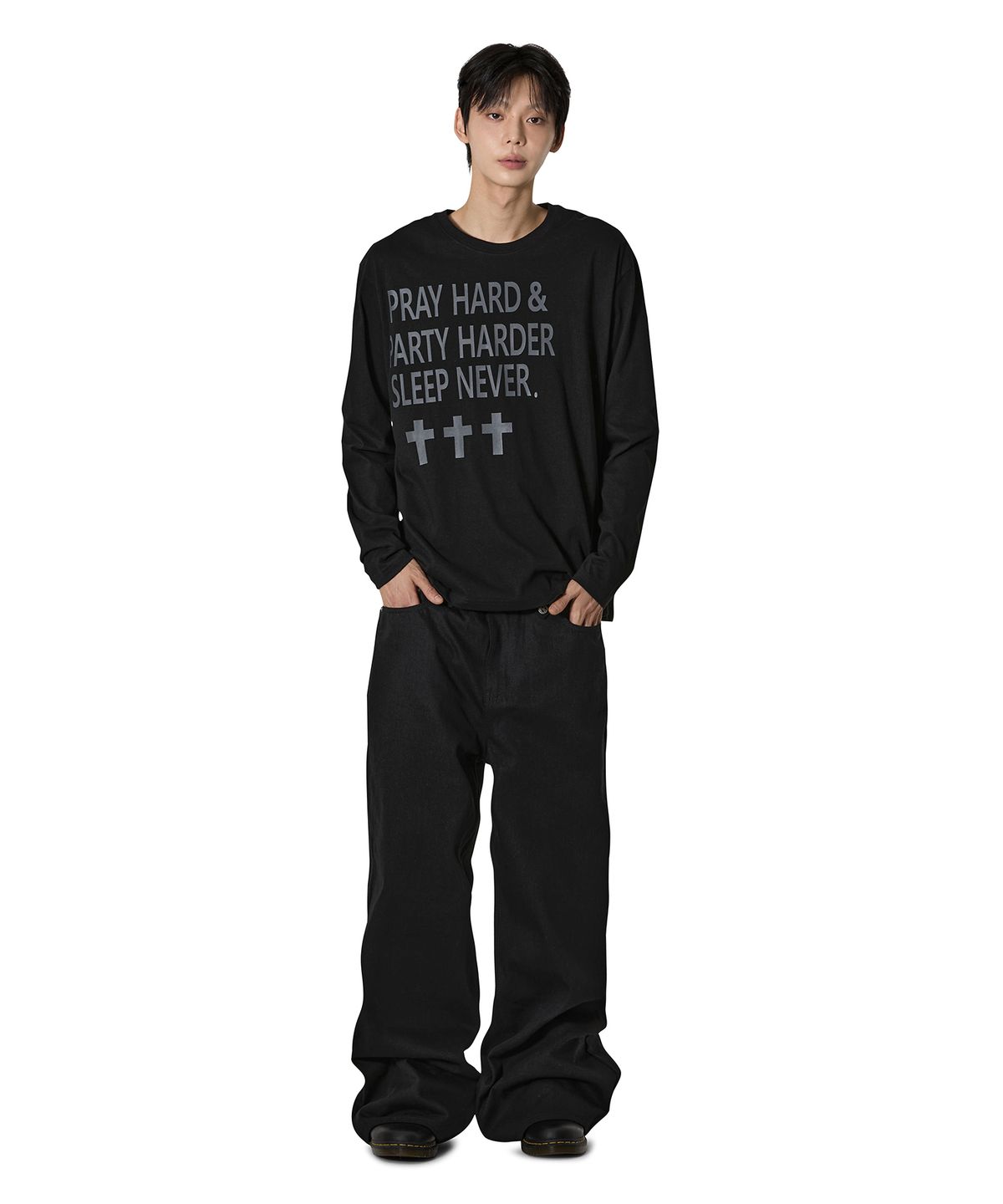 오픈야드(오와이)(OPENYARD(OY)) PRAY HARD L/S TEE - BLACK