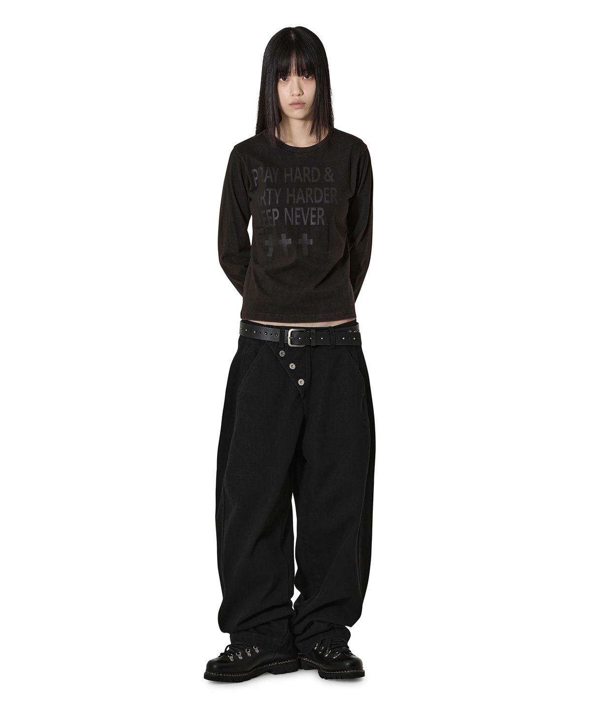 오픈야드(오와이)(OPENYARD(OY)) PRAY HARD WASHED L/S TEE - WASHED BLACK
