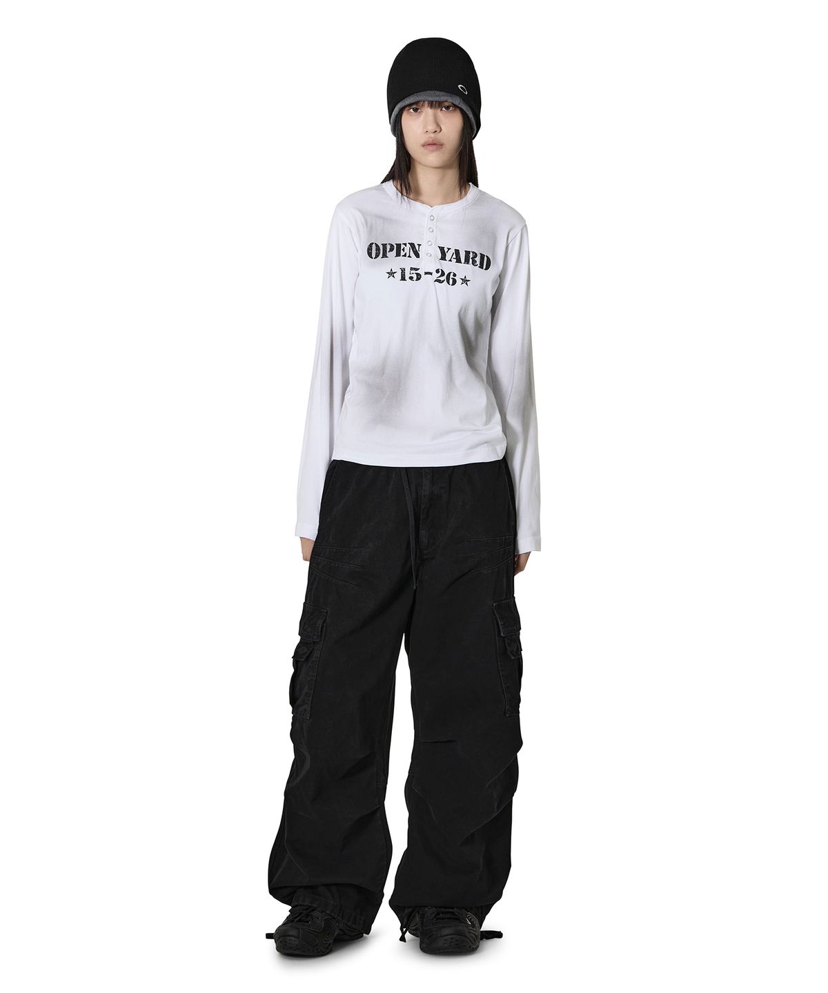 오픈야드(오와이)(OPENYARD(OY)) DIRTY STENCIL HENLEY L/S TEE - WHITE
