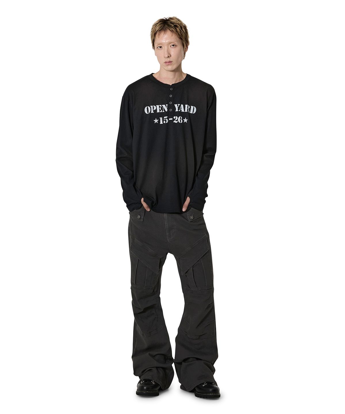오픈야드(오와이)(OPENYARD(OY)) DIRTY STENCIL HENLEY L/S TEE - BLACK
