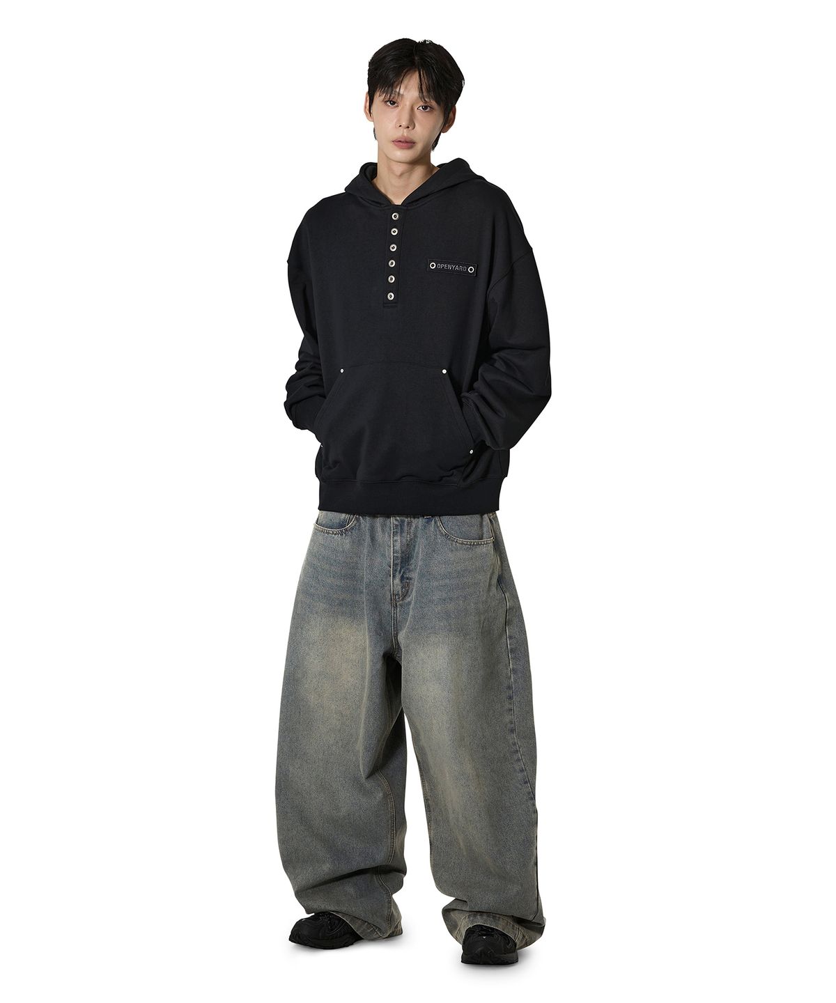오픈야드(오와이)(OPENYARD(OY)) RIVET HENLEY HOODIE - BLACK