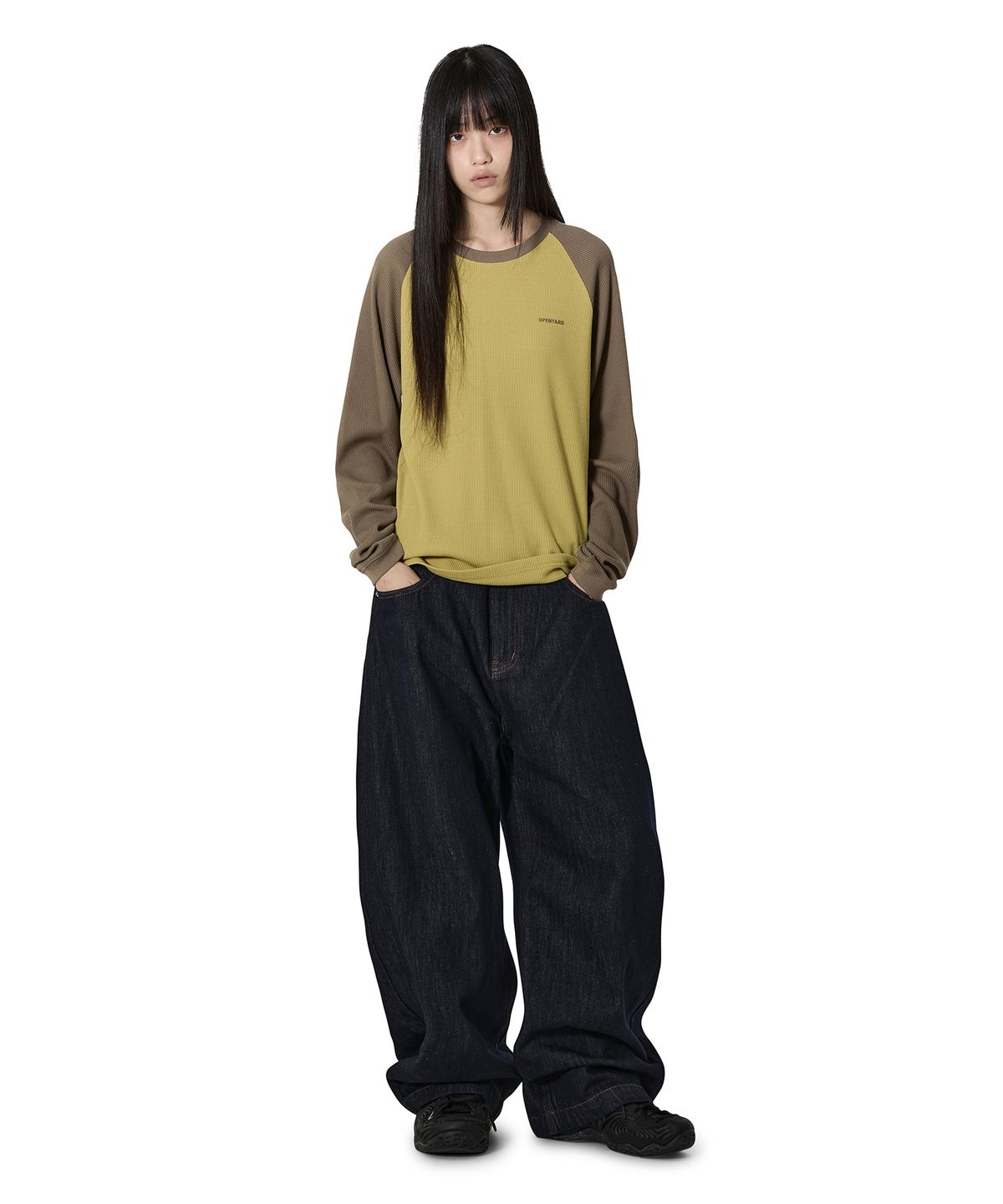 오픈야드(오와이)(OPENYARD(OY)) WAFFLE RAGLAN L/S TOP - BROWN / MUSTARD