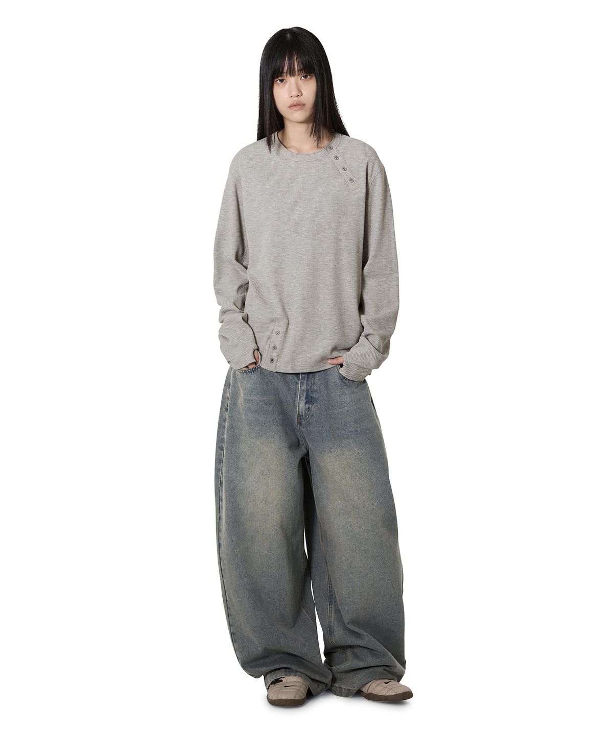 오픈야드(오와이)(OPENYARD(OY)) OFFSET BUTTON WAFFLE L/S TOP - MELANGE