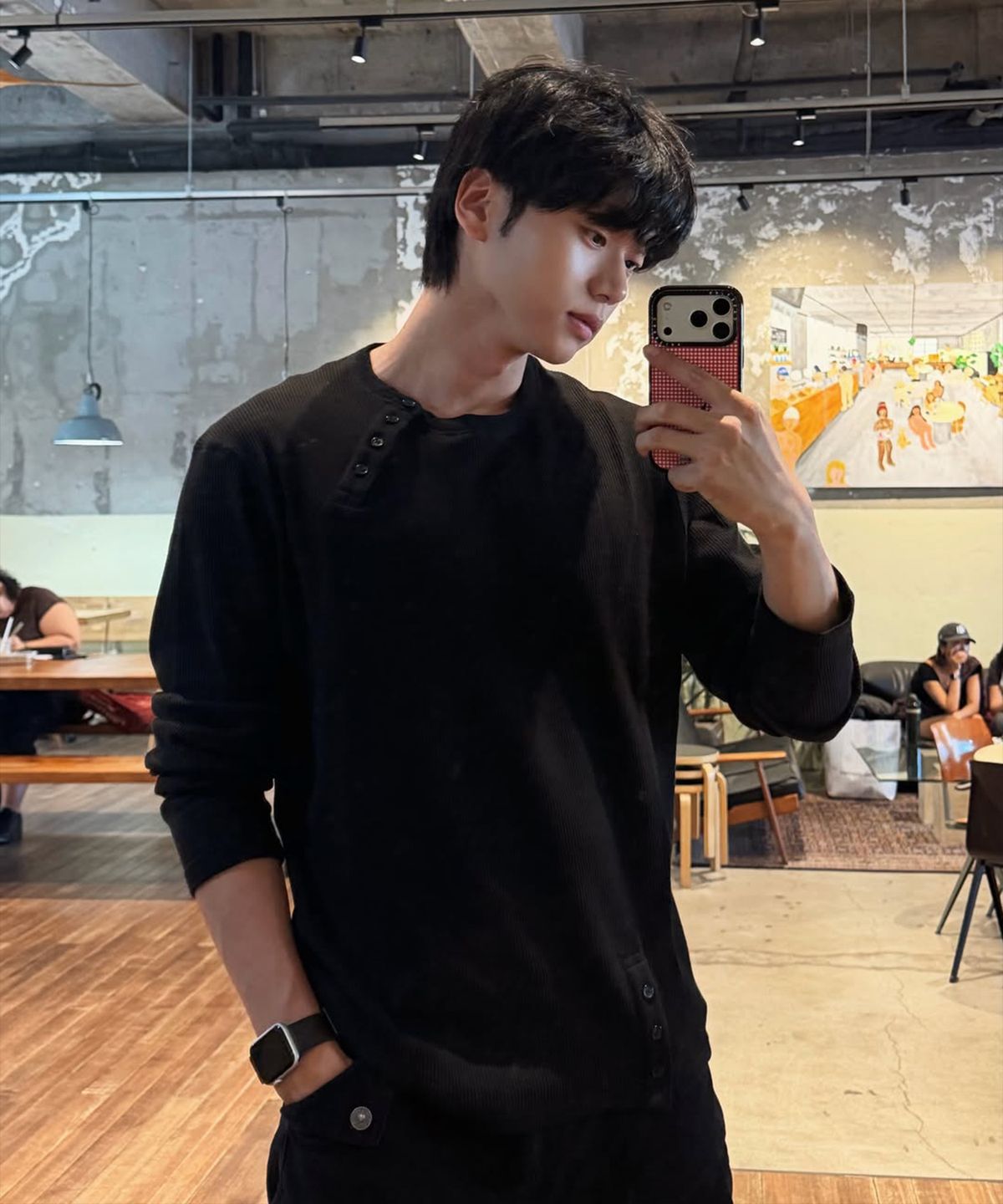 오픈야드(오와이)(OPENYARD(OY)) OFFSET BUTTON WAFFLE L/S TOP - BLACK
