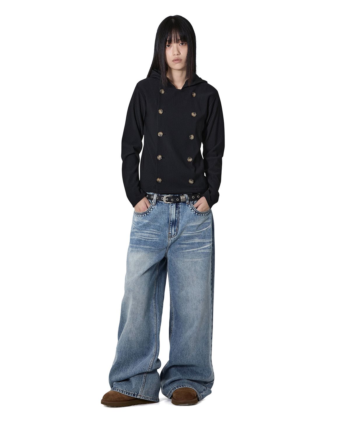 오픈야드(오와이)(OPENYARD(OY)) PLEATED WRAP HOODED JACKET - BLACK