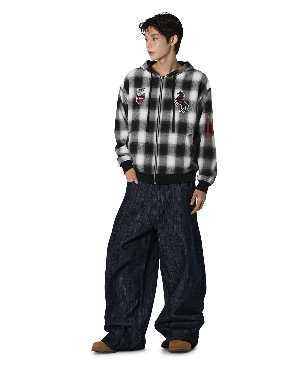 오픈야드(오와이)(OPENYARD(OY)) REVERSIBLE CHECK HOODED JACKET - BLACK