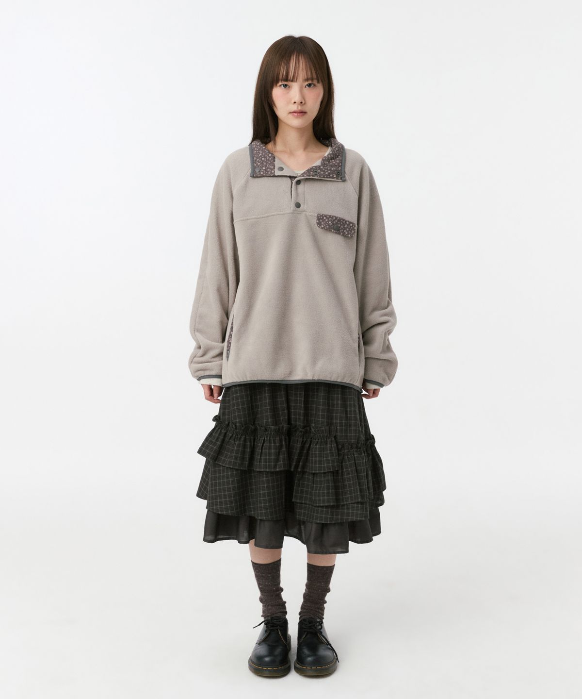 오헤시오(OHESHIO) FLORAL CONTRAST FLEECE PULLOVER, GRAY