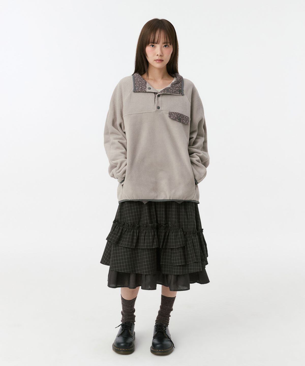 오헤시오(OHESHIO) FLORAL CONTRAST FLEECE PULLOVER, GRAY