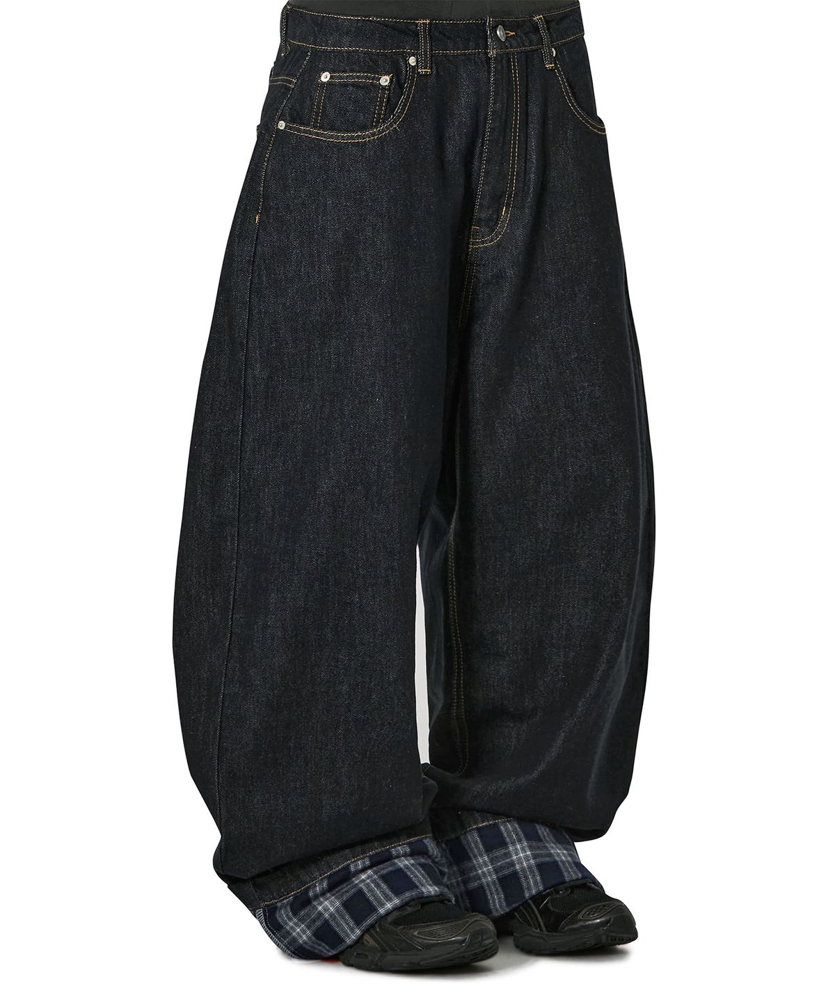 오픈야드(오와이)(OPENYARD(OY)) TURN-UP CHECK WIDE VOLUME PANTS - INDIGO