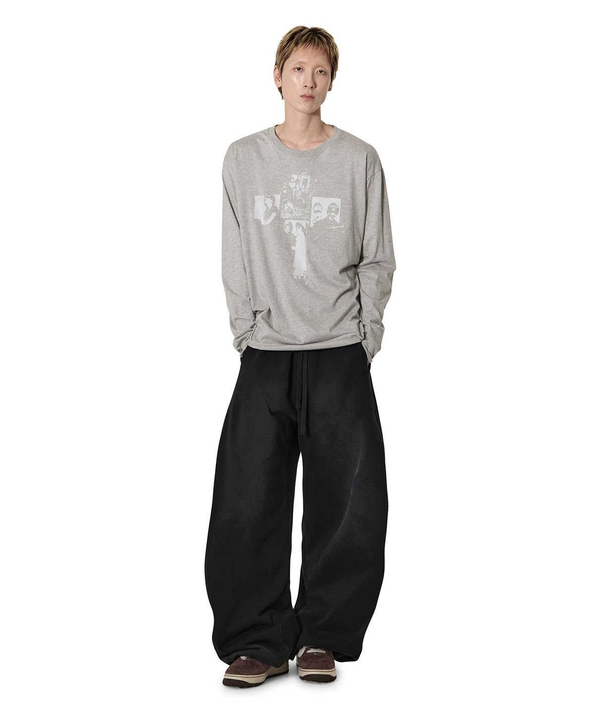 오픈야드(오와이)(OPENYARD(OY)) RAW EDGE CROSS WASHED L/S TEE - MELANGE