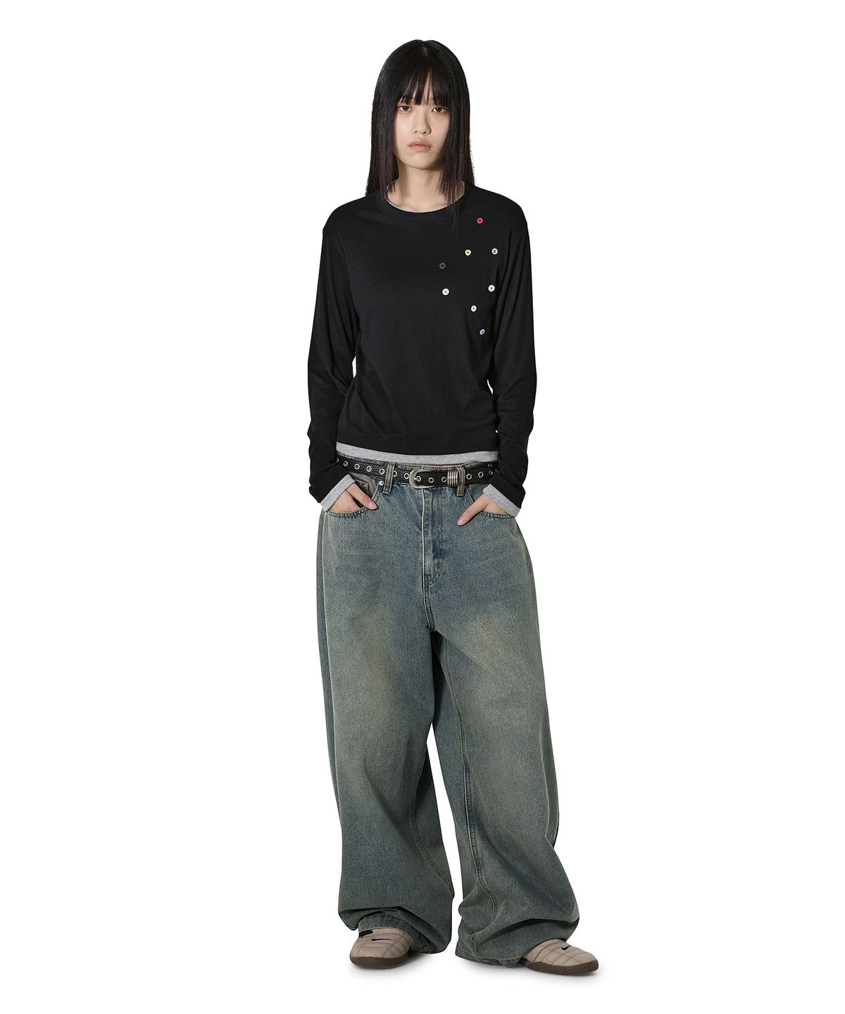 오픈야드(오와이)(OPENYARD(OY)) SCATTERED BUTTON L/S TOP - BLACK