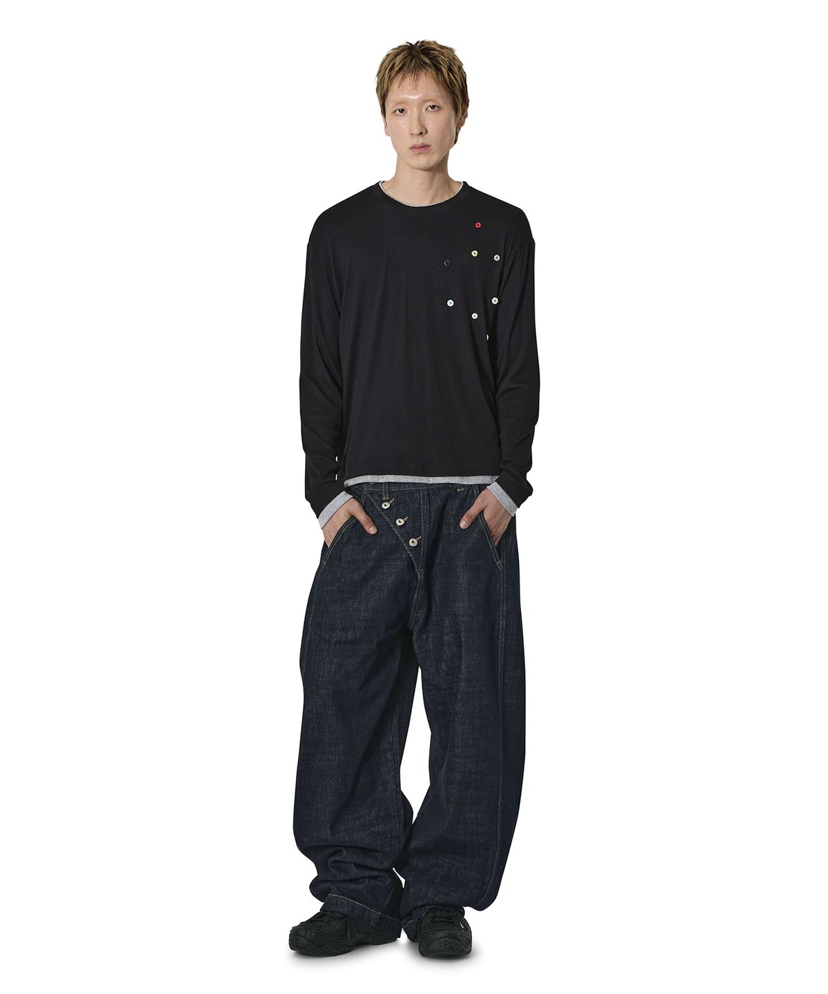 오픈야드(오와이)(OPENYARD(OY)) SCATTERED BUTTON L/S TOP - BLACK