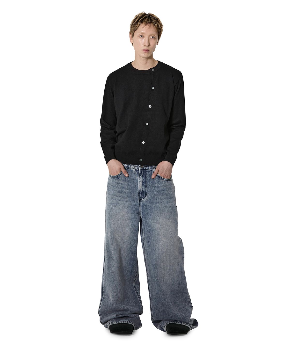오픈야드(오와이)(OPENYARD(OY)) WRAP BUTTON CARDIGAN - BLACK