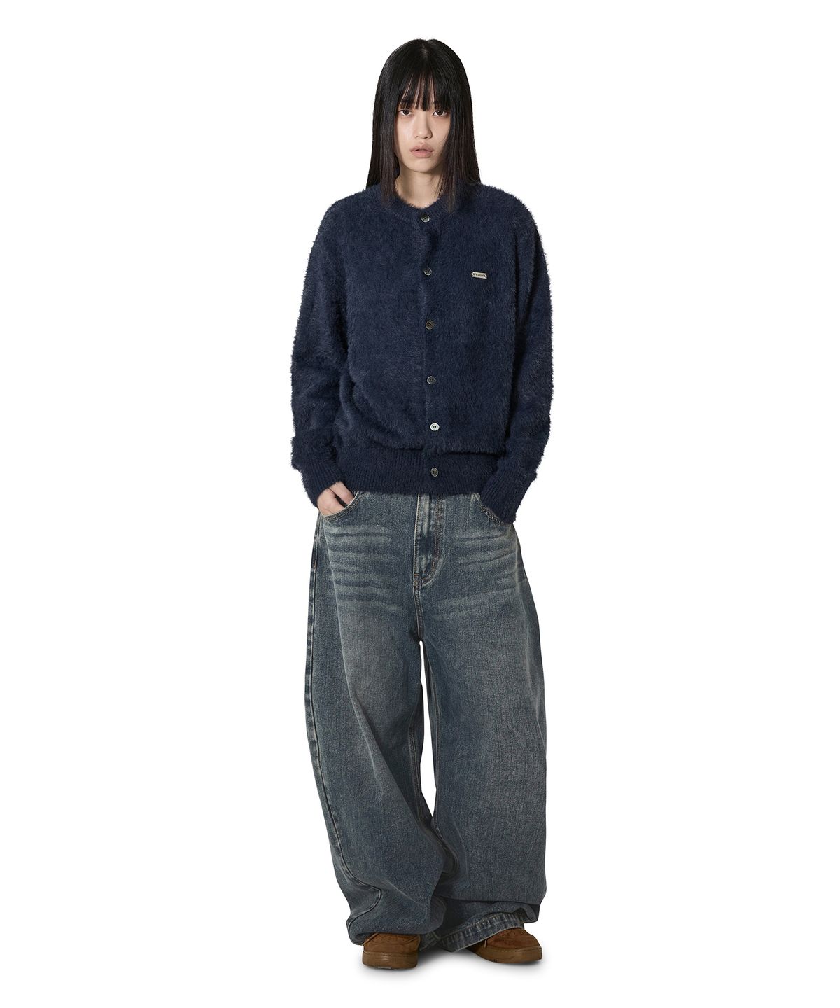 오픈야드(오와이)(OPENYARD(OY)) HAIRY KNIT CARDIGAN - NAVY