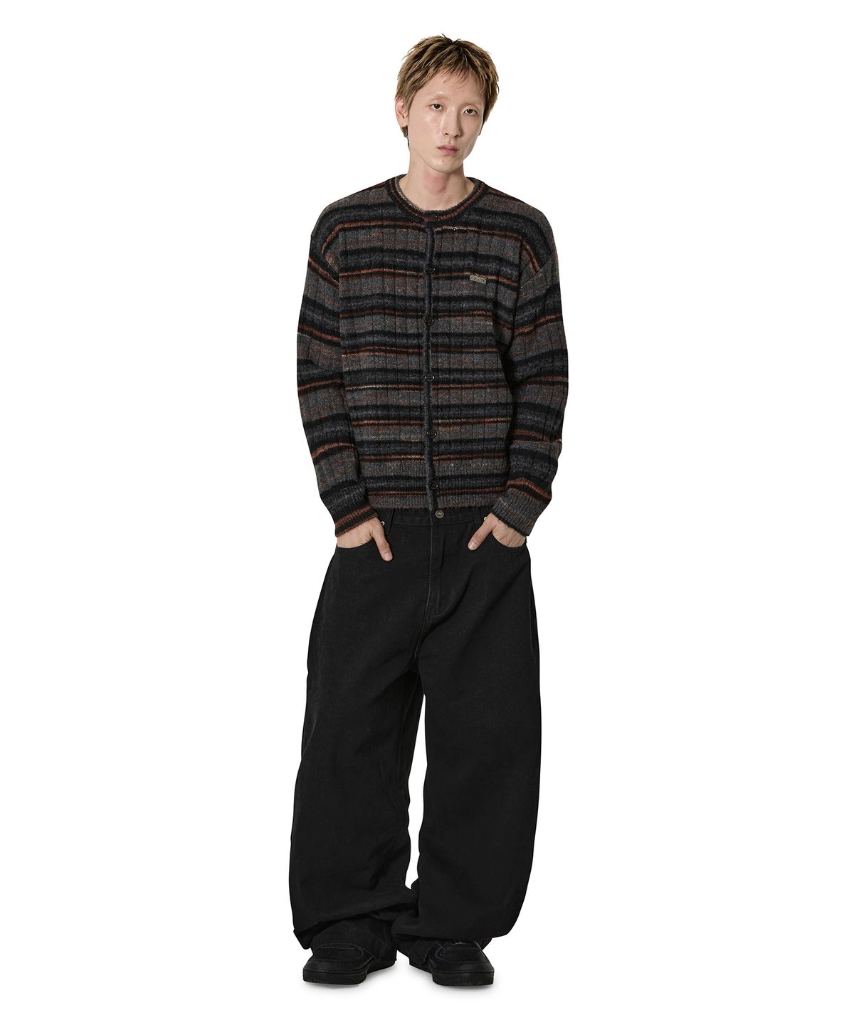 오픈야드(오와이)(OPENYARD(OY)) MIST STRIPE KNIT CARDIGAN - BLACK