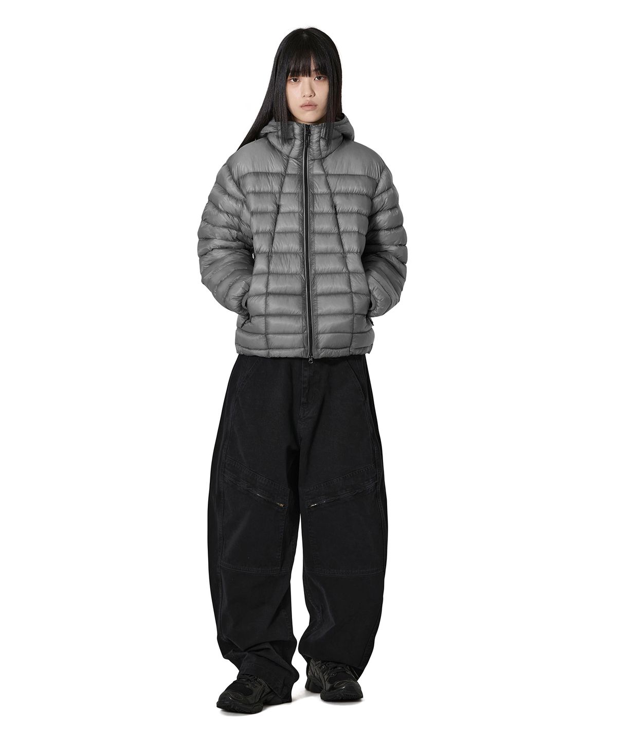오픈야드(오와이)(OPENYARD(OY)) CURVED ZIP LIGHTWEIGHT SHELL PUFFER JACKET - CHARCOAL
