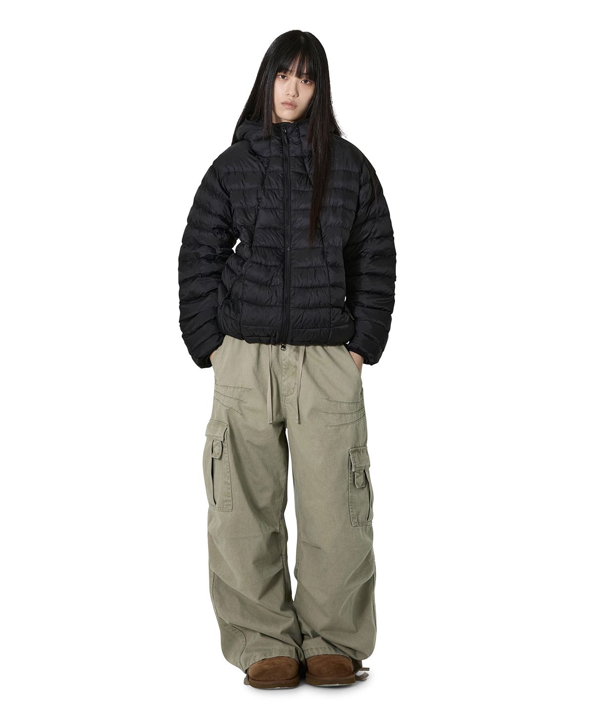 오픈야드(오와이)(OPENYARD(OY)) CURVED ZIP LIGHTWEIGHT SHELL PUFFER JACKET - BLACK