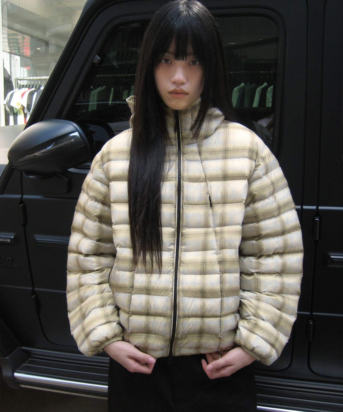 오픈야드(오와이)(OPENYARD(OY)) CHECK CURVED ZIP LIGHTWEIGHT SHELL PUFFER JACKET - YELLOW