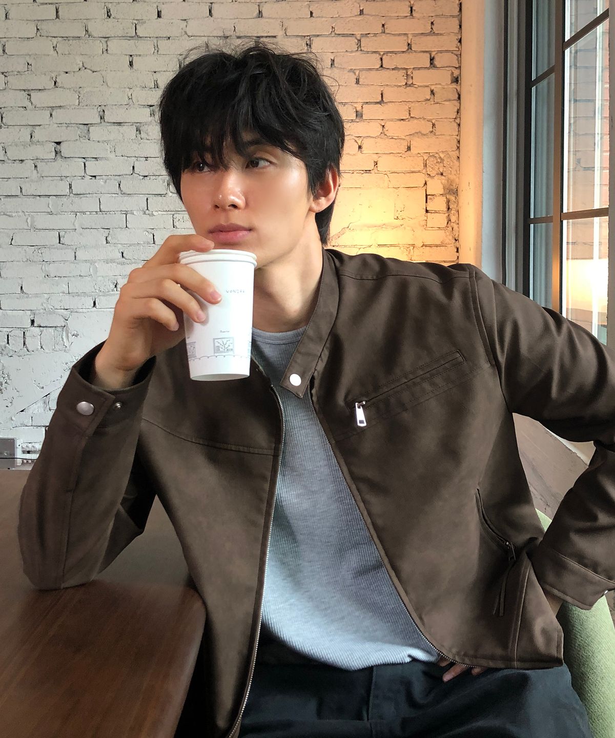 데이(THEY) 스웨이드 레더 바이커 자켓_BROWN
