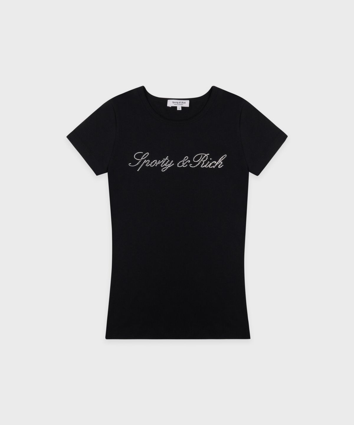 스포티앤리치(SPORTY&RICH) 시그니처 로고 크리스탈 티셔츠 - 블랙 R263AWT014