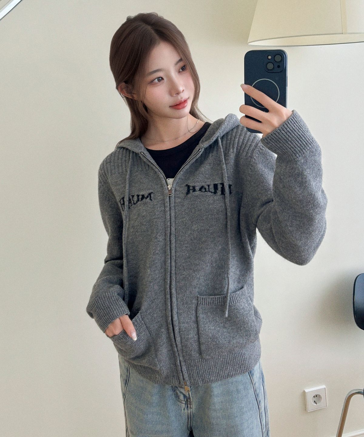 무아무아(MUAHMUAH) 자카드 니트 후드 집업 [멜란지]