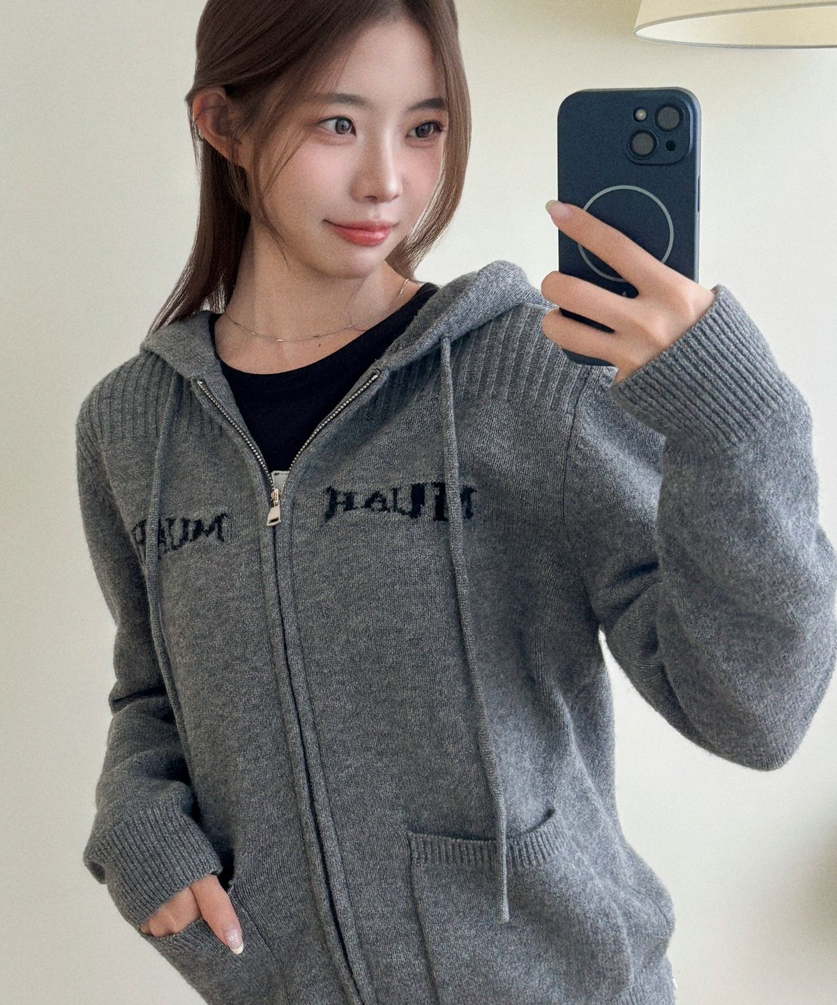 무아무아(MUAHMUAH) 자카드 니트 후드 집업 [멜란지]