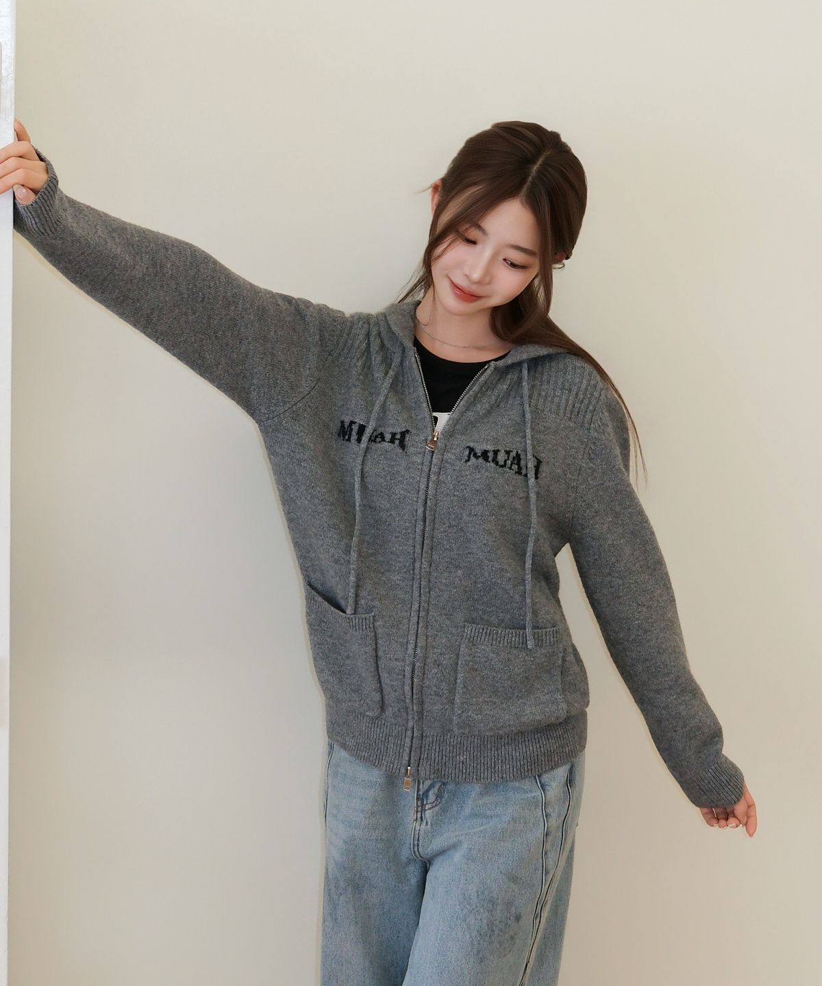 무아무아(MUAHMUAH) 자카드 니트 후드 집업 [멜란지]