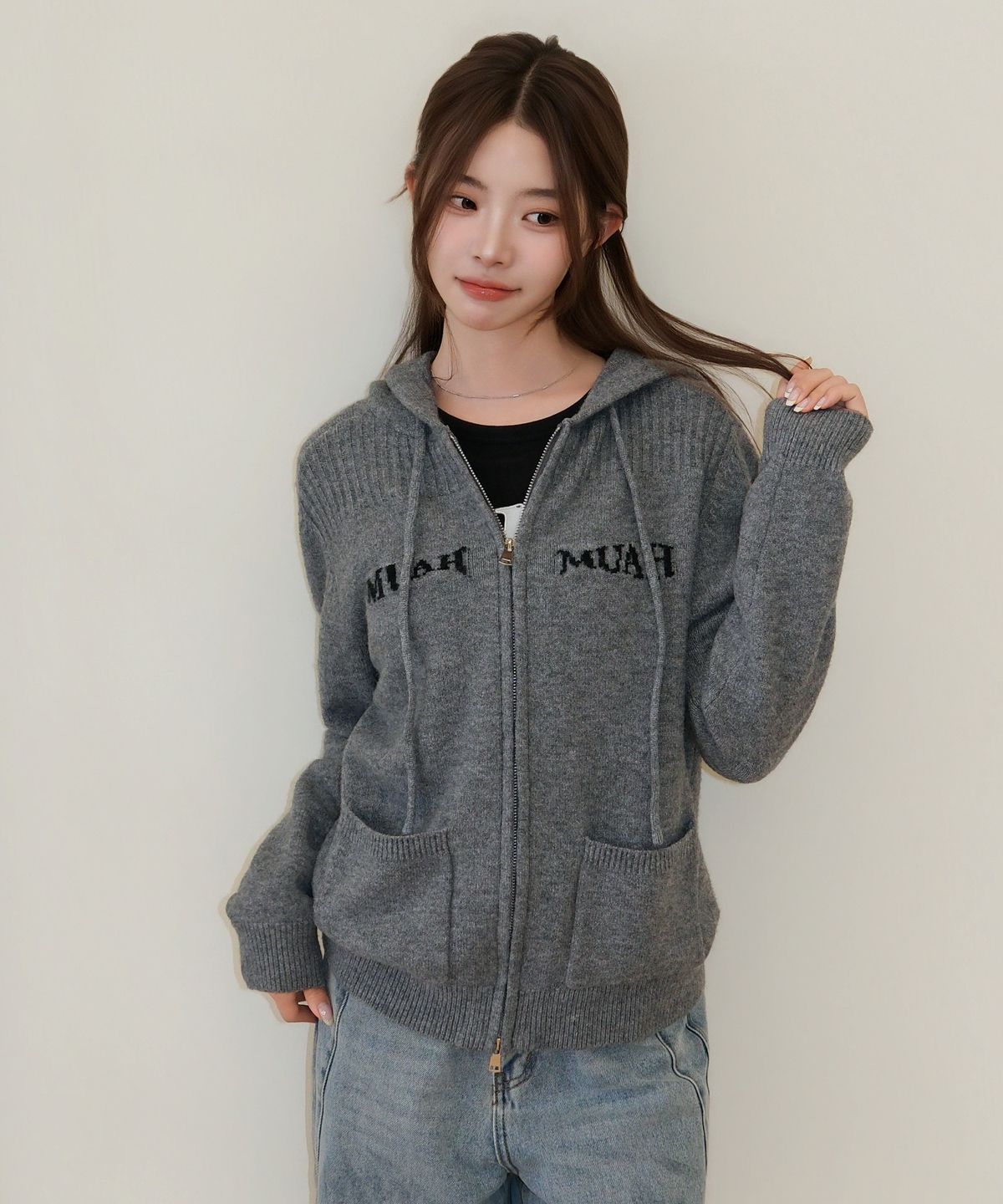 무아무아(MUAHMUAH) 자카드 니트 후드 집업 [멜란지]