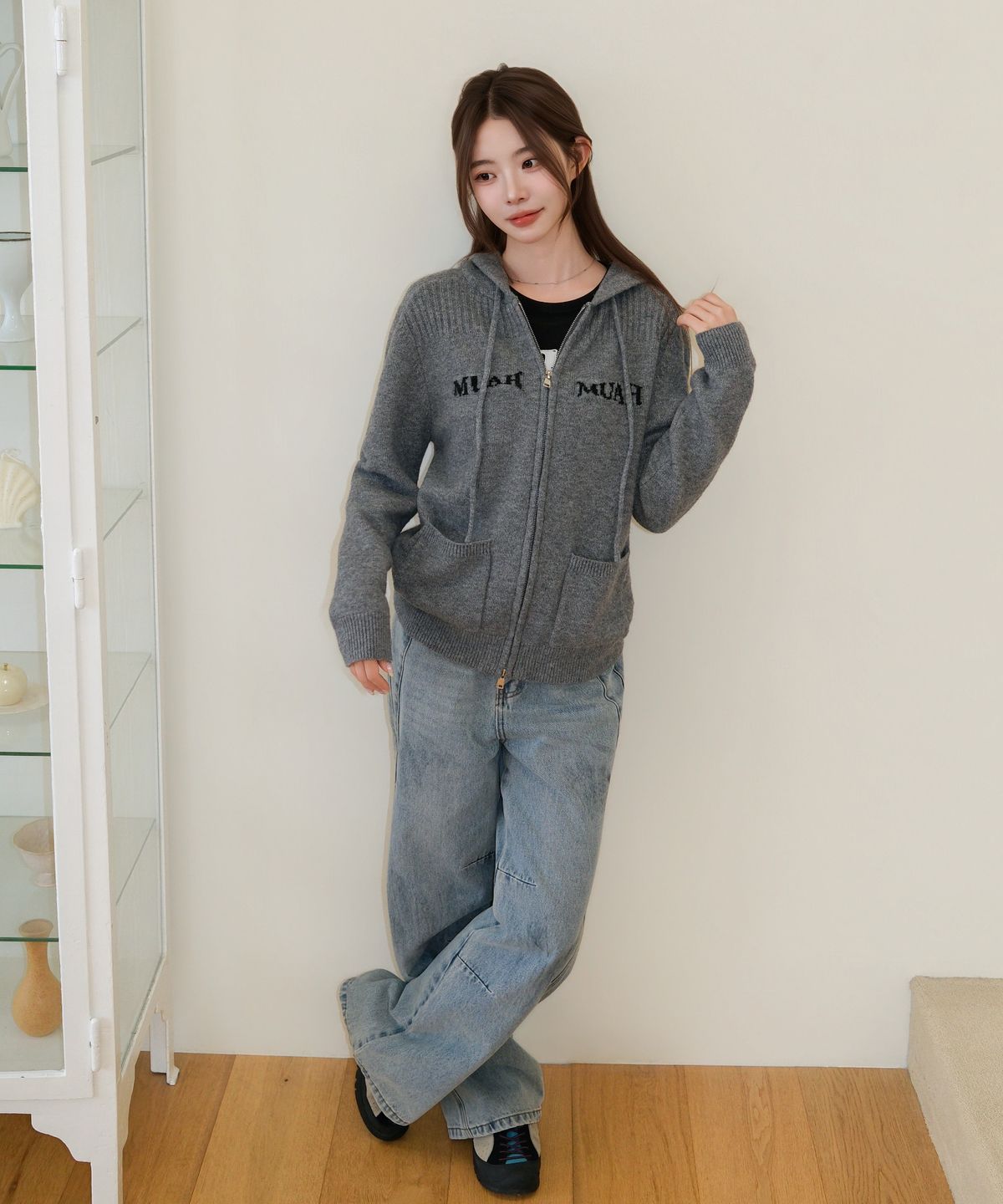 무아무아(MUAHMUAH) 자카드 니트 후드 집업 [멜란지]