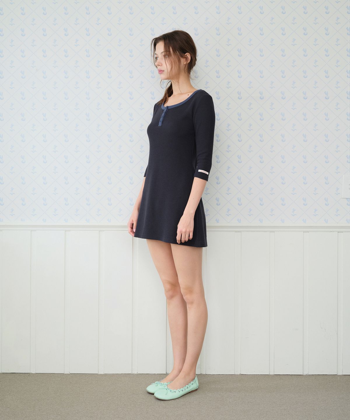 아메스 월드와이드(AMES-WORLDWIDE) CLASSIC WAFFLE HENLEY NECK DRESS NAVY