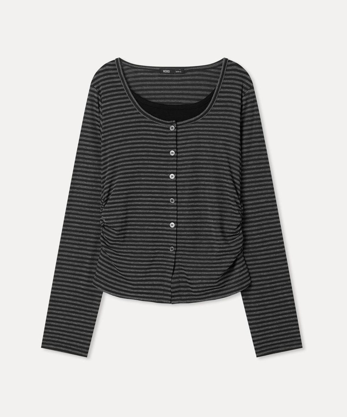 미쏘(MIXXO) 스트라이프 버튼 레이어드 티셔츠_MIWLWGT06A