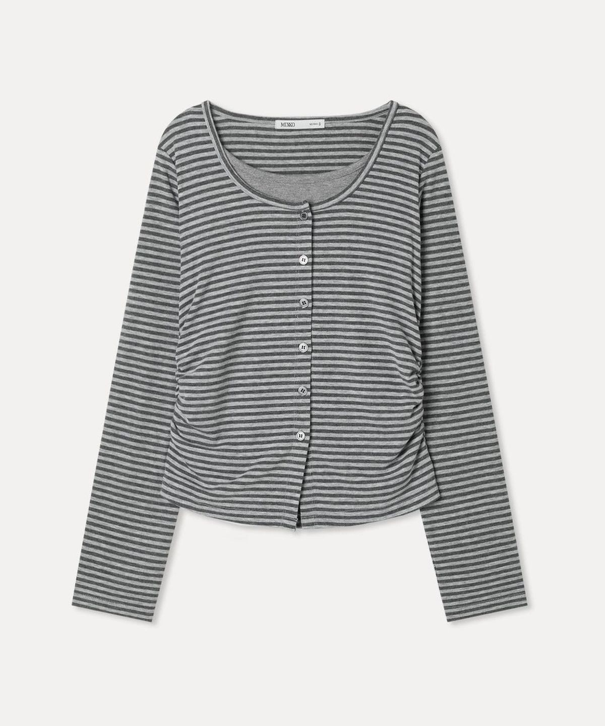 미쏘(MIXXO) 스트라이프 버튼 레이어드 티셔츠_MIWLWGT06A