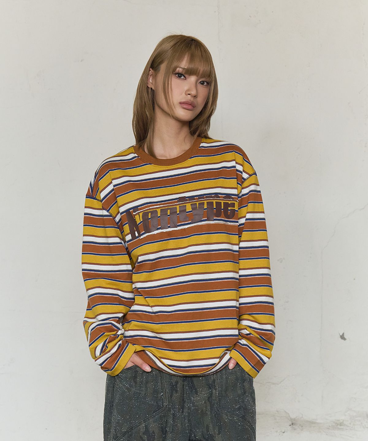 논타입(NONTYPE) MISFIT PATCH STRIPE LONG SLEEVE TEE (YELLOW)
