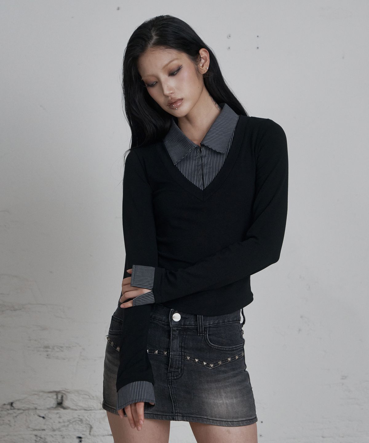 큐리티(CURETTY) C HOOK OPEN SHIRT LAYERED TOP_BLACK