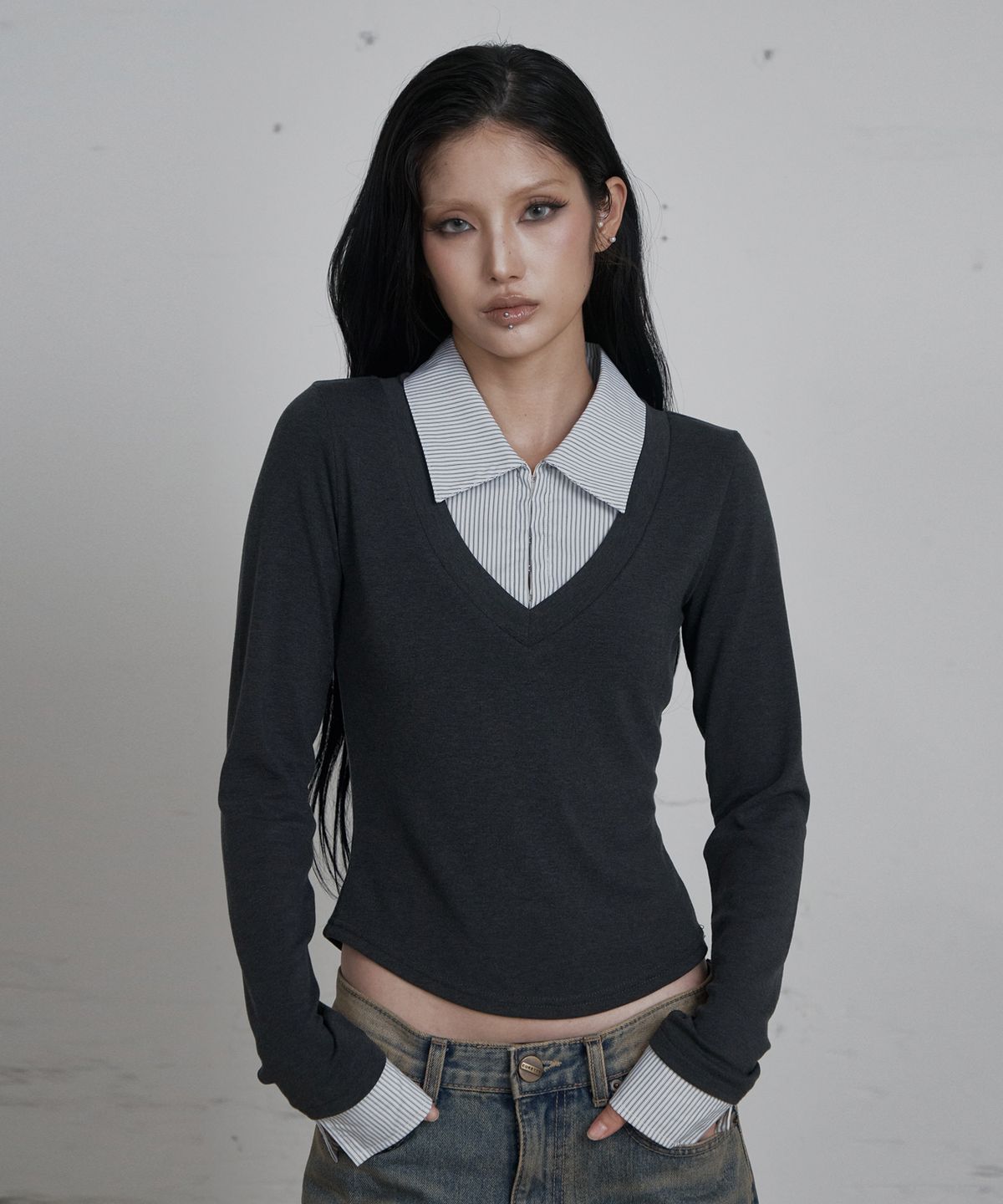 큐리티(CURETTY) C HOOK OPEN SHIRT LAYERED TOP_WHITE