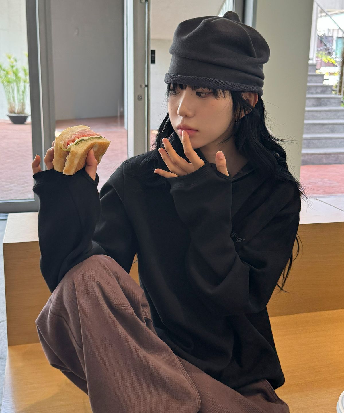 스켈리웩(SCALLYWAG) 후드 레이어드 롱 슬리브[블랙]