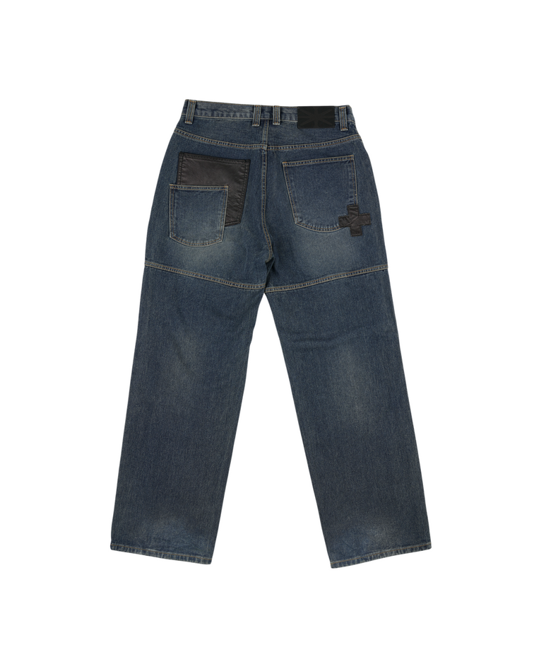 Leather Cross Patch Denim Pants Dark Blue