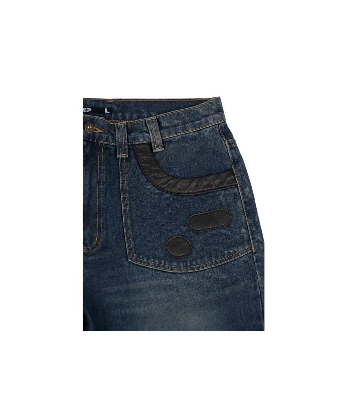 이알티알(ERTR) Leather Cross Patch Denim Pants Dark Blue