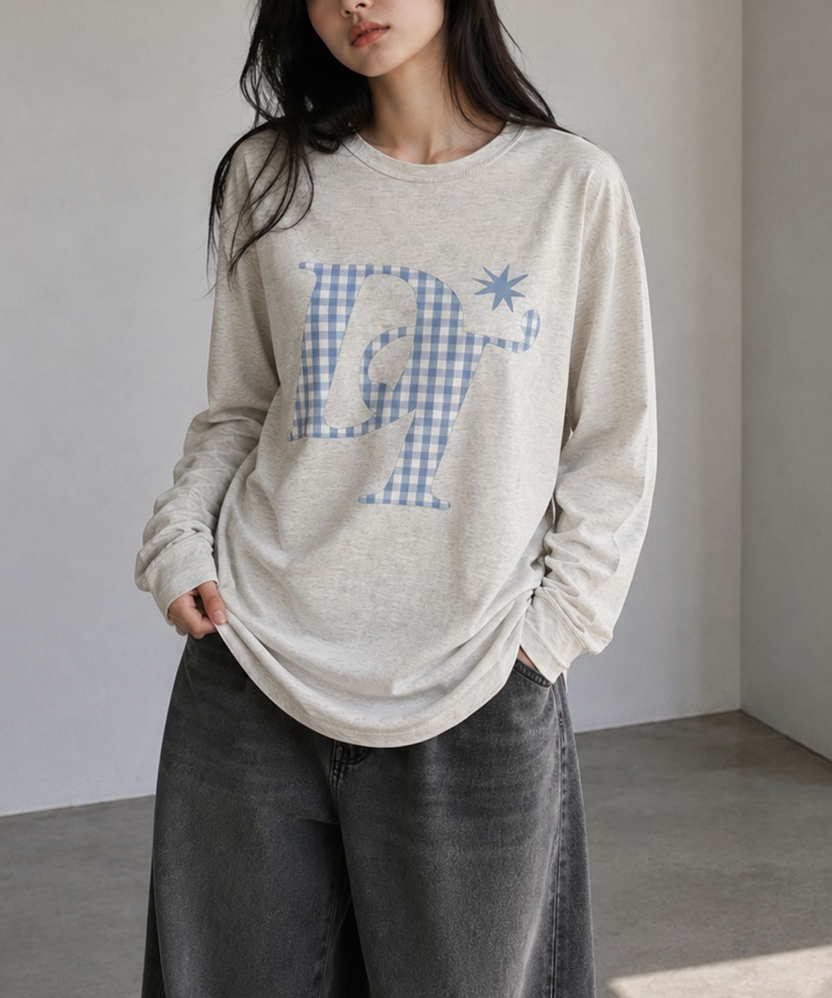 도톤(DOTON) CHECK MONOGRAM LONG SLEEVE (White)