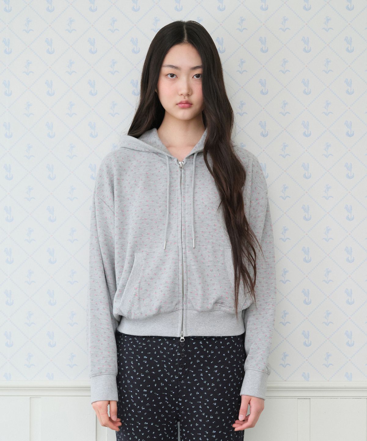 아메스 월드와이드(AMES-WORLDWIDE) CLASSIC FLOWER WAFFLE HOODIE ZIP-UP GREY