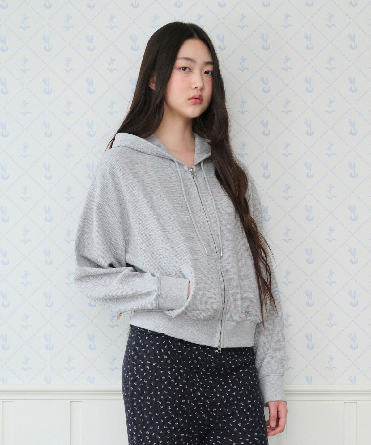 아메스 월드와이드(AMES-WORLDWIDE) CLASSIC FLOWER WAFFLE HOODIE ZIP-UP GREY