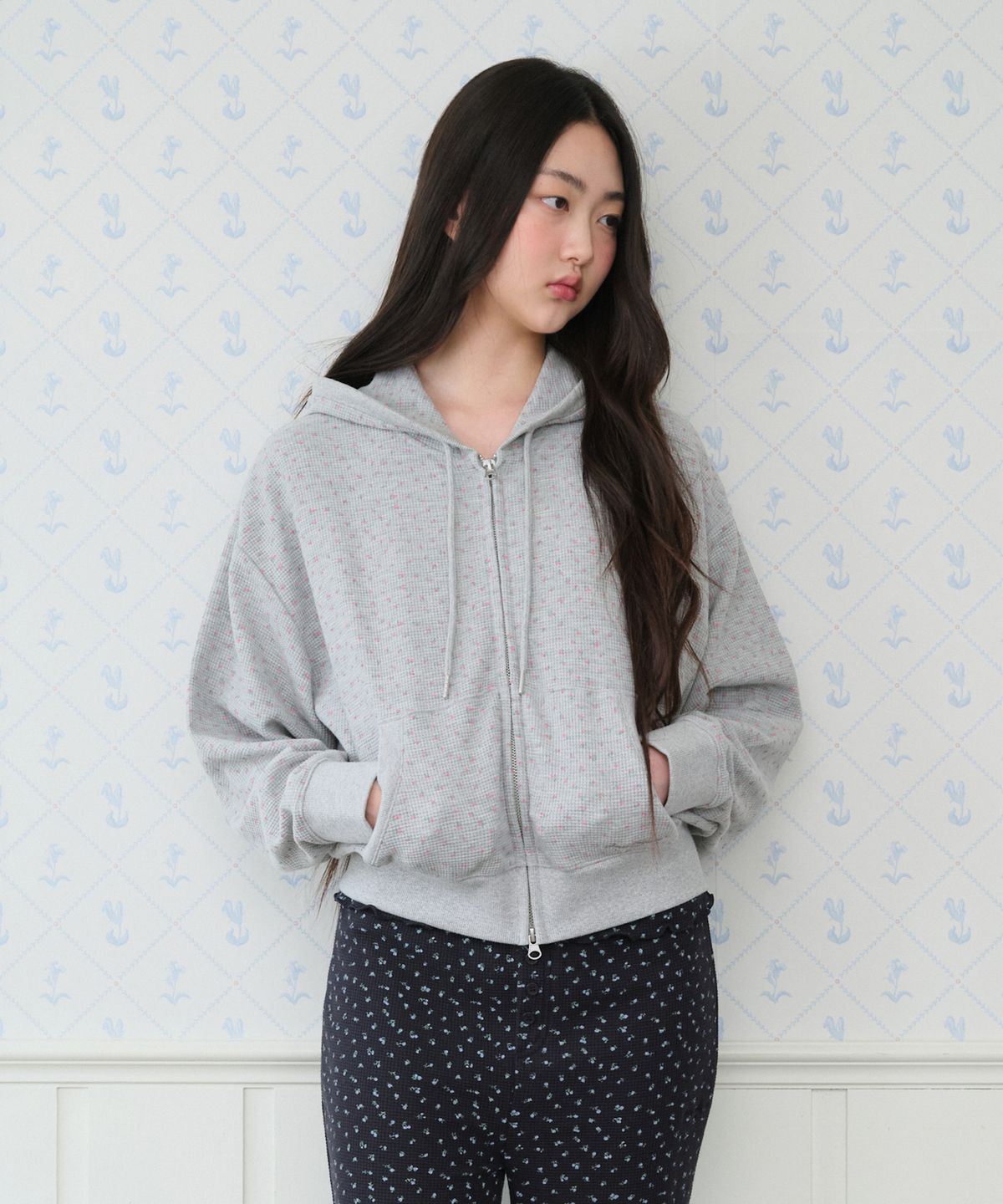 아메스 월드와이드(AMES-WORLDWIDE) CLASSIC FLOWER WAFFLE HOODIE ZIP-UP GREY