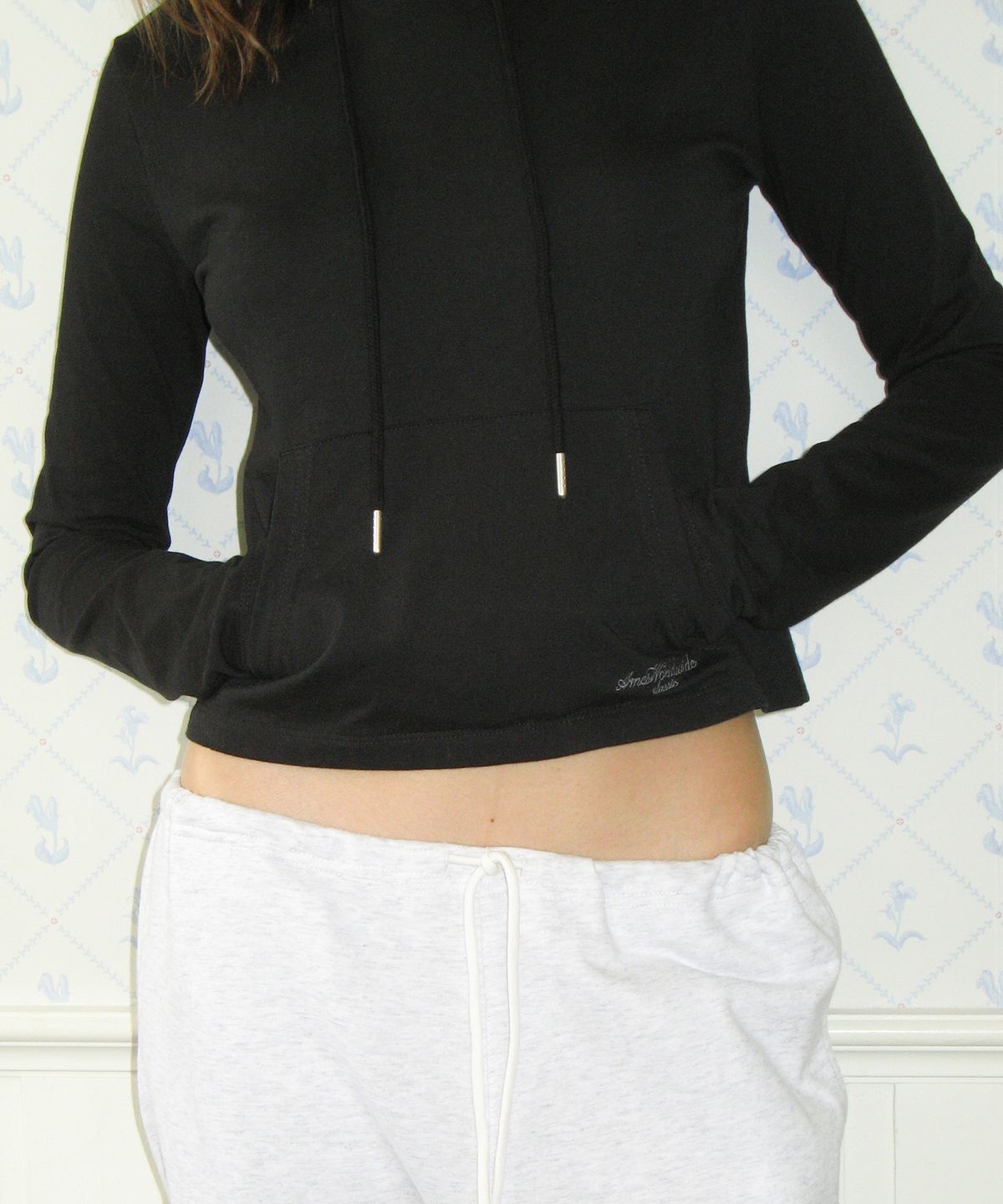 아메스 월드와이드(AMES-WORLDWIDE) CLASSIC CROP HOODIE LS TEE BLACK