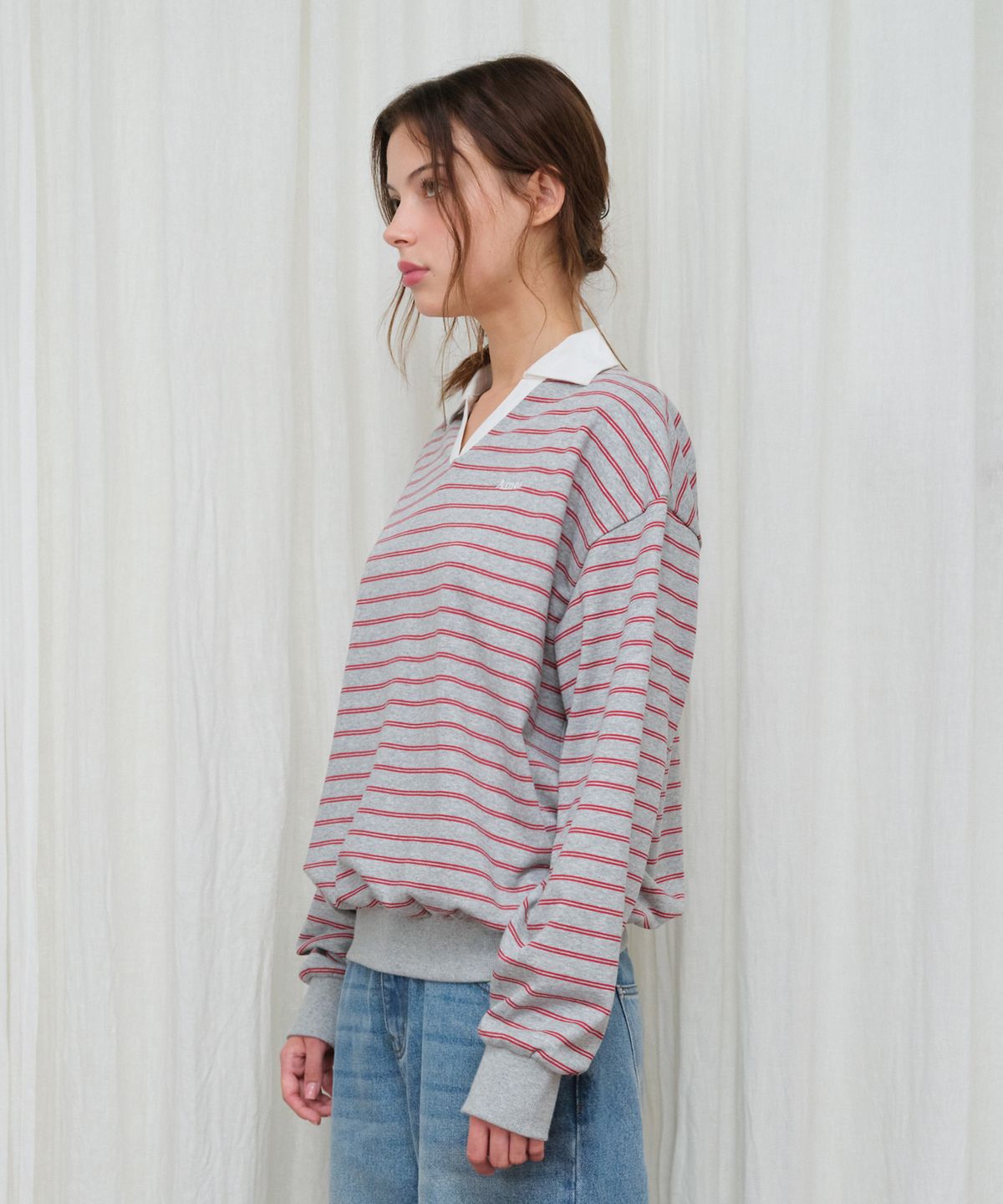 아메스 월드와이드(AMES-WORLDWIDE) V NECK COLLAR STRIPE SWEATSHIRT GREY