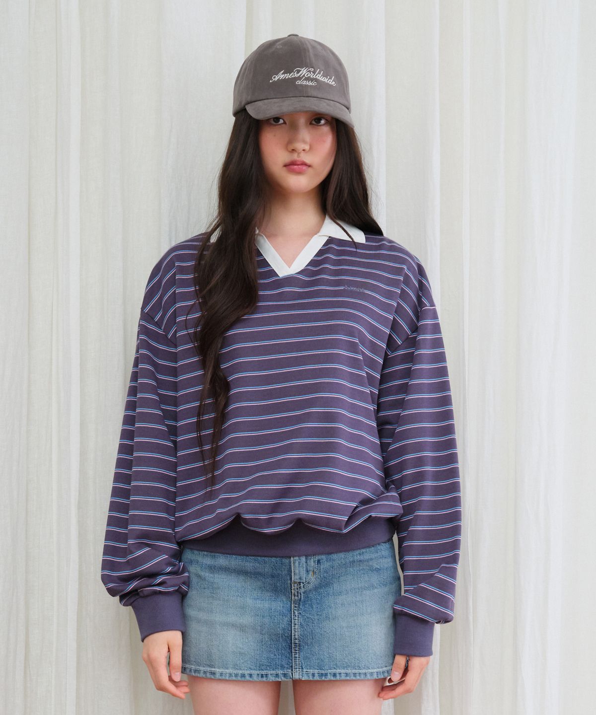 아메스 월드와이드(AMES-WORLDWIDE) V NECK COLLAR STRIPE SWEATSHIRT PURPLE