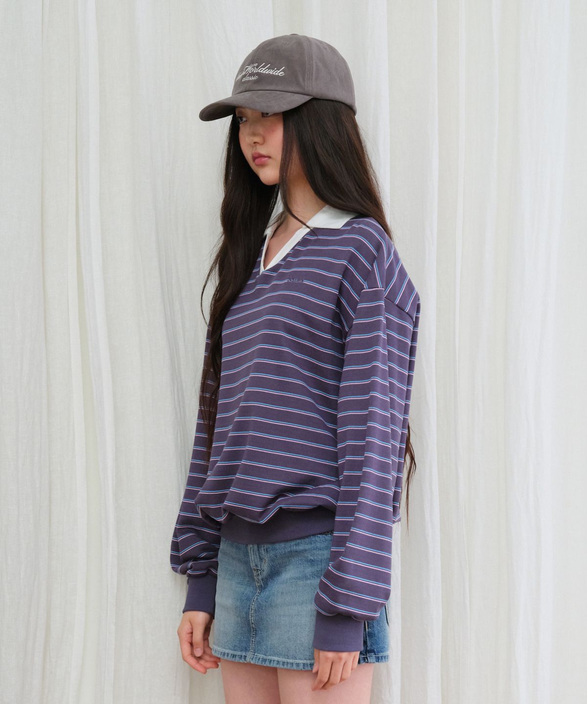 아메스 월드와이드(AMES-WORLDWIDE) V NECK COLLAR STRIPE SWEATSHIRT PURPLE