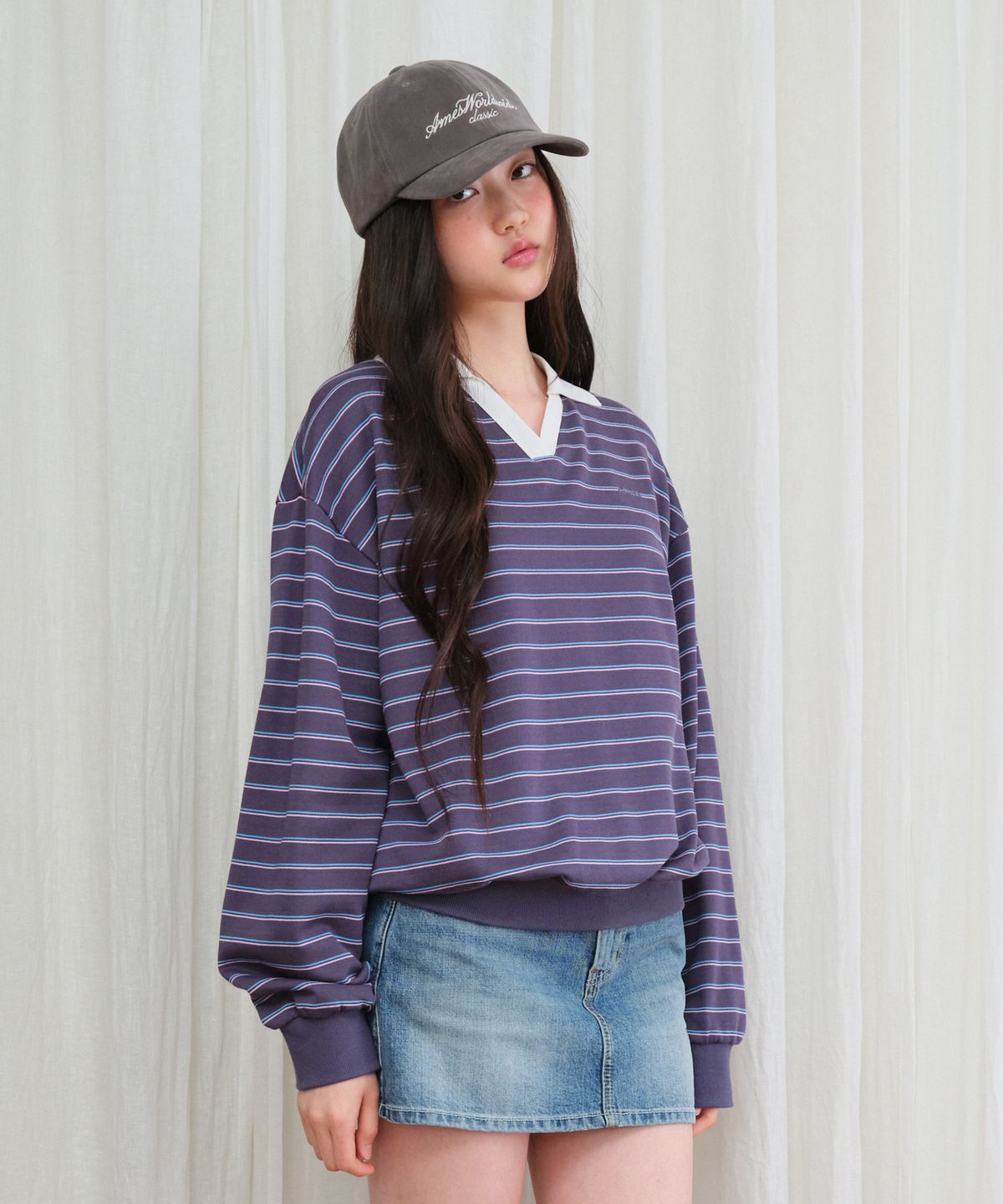 아메스 월드와이드(AMES-WORLDWIDE) V NECK COLLAR STRIPE SWEATSHIRT PURPLE