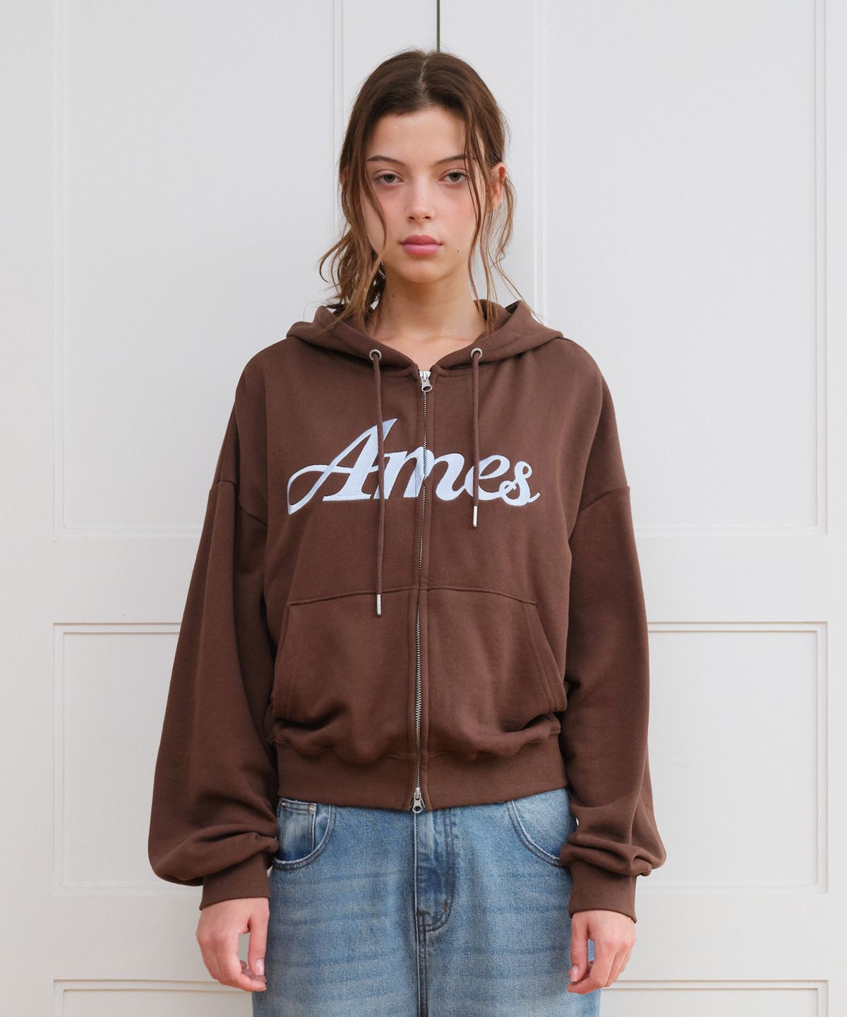 아메스 월드와이드(AMES-WORLDWIDE) STANDARD LOGO HOODIE ZIP-UP BROWN