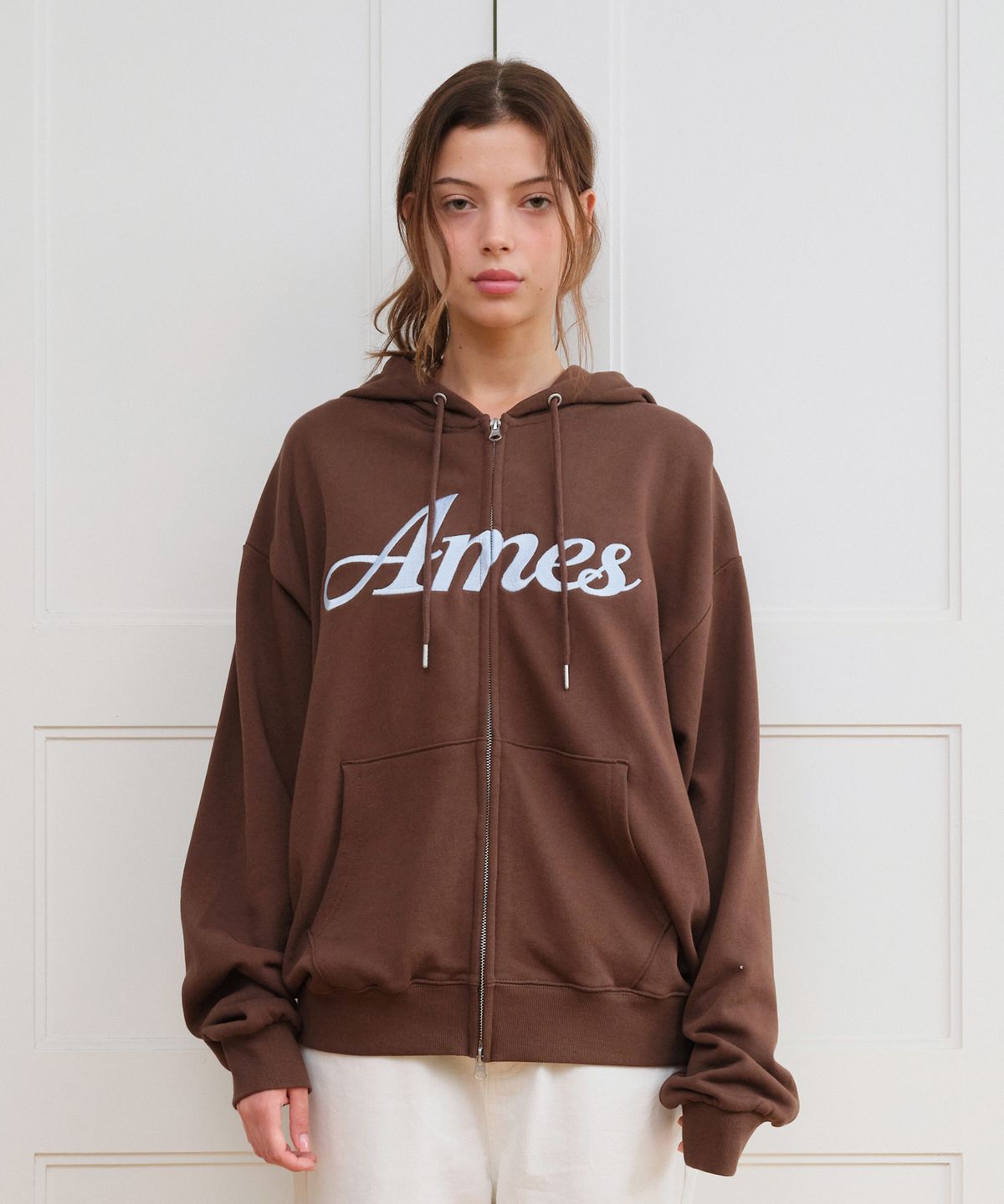 아메스 월드와이드(AMES-WORLDWIDE) STANDARD LOGO HOODIE ZIP-UP BROWN